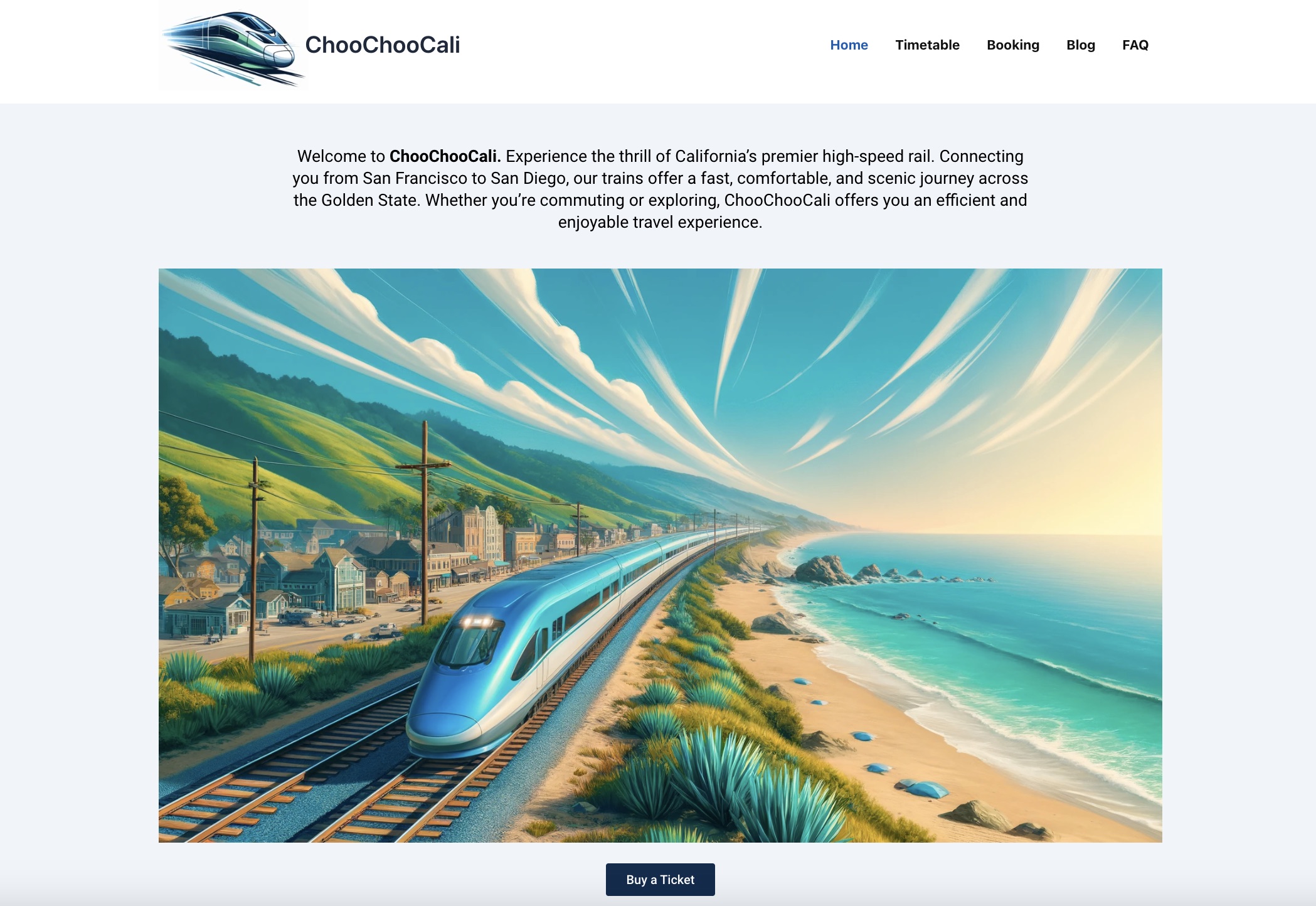 ChooChooCali web interface showcasing the top of the homepage