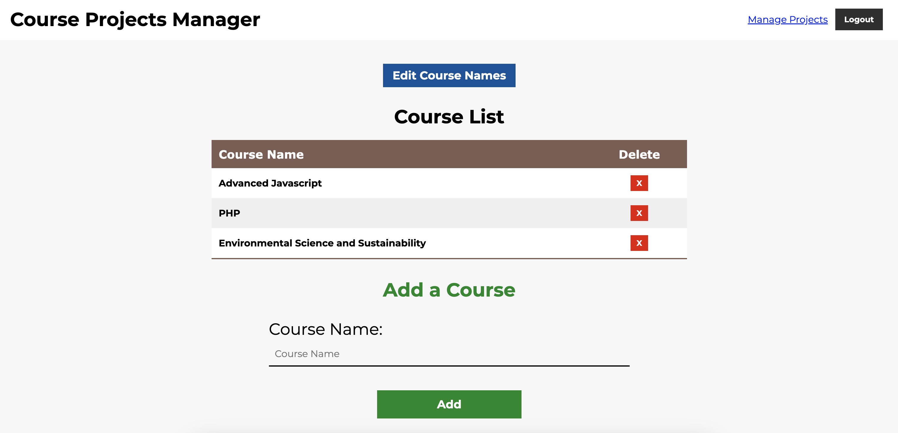 Course Projects Manager web interface showcasing the course management side