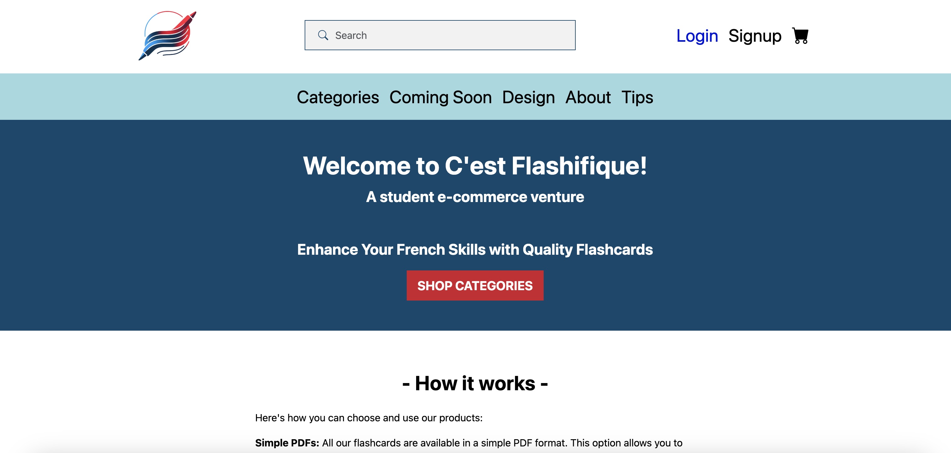 C'est Flashifique! web interface showcasing the top of the homepage