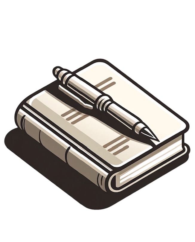 An illustration of a book with a pen on top of it. 