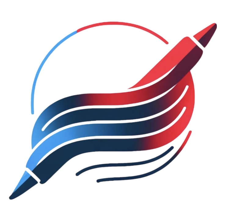 Logo of C'est Flashifique! featuring a red-and-blue illustration for two intertwining pens facing opposite directions and merging in the center.