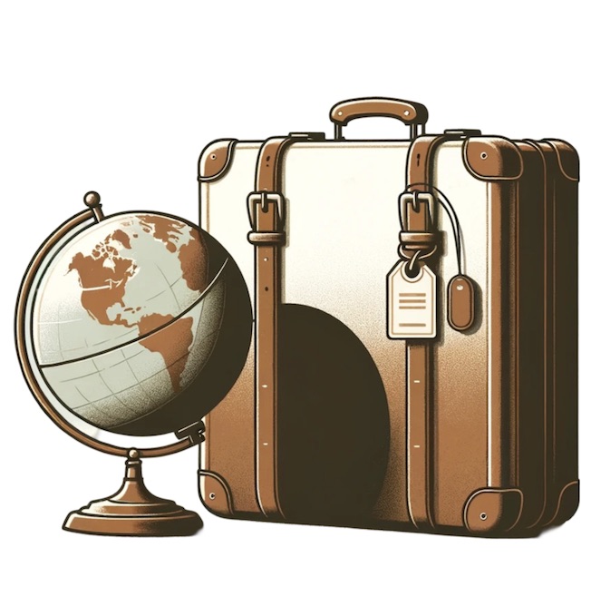 An illustration of a globe next to a suitcase.