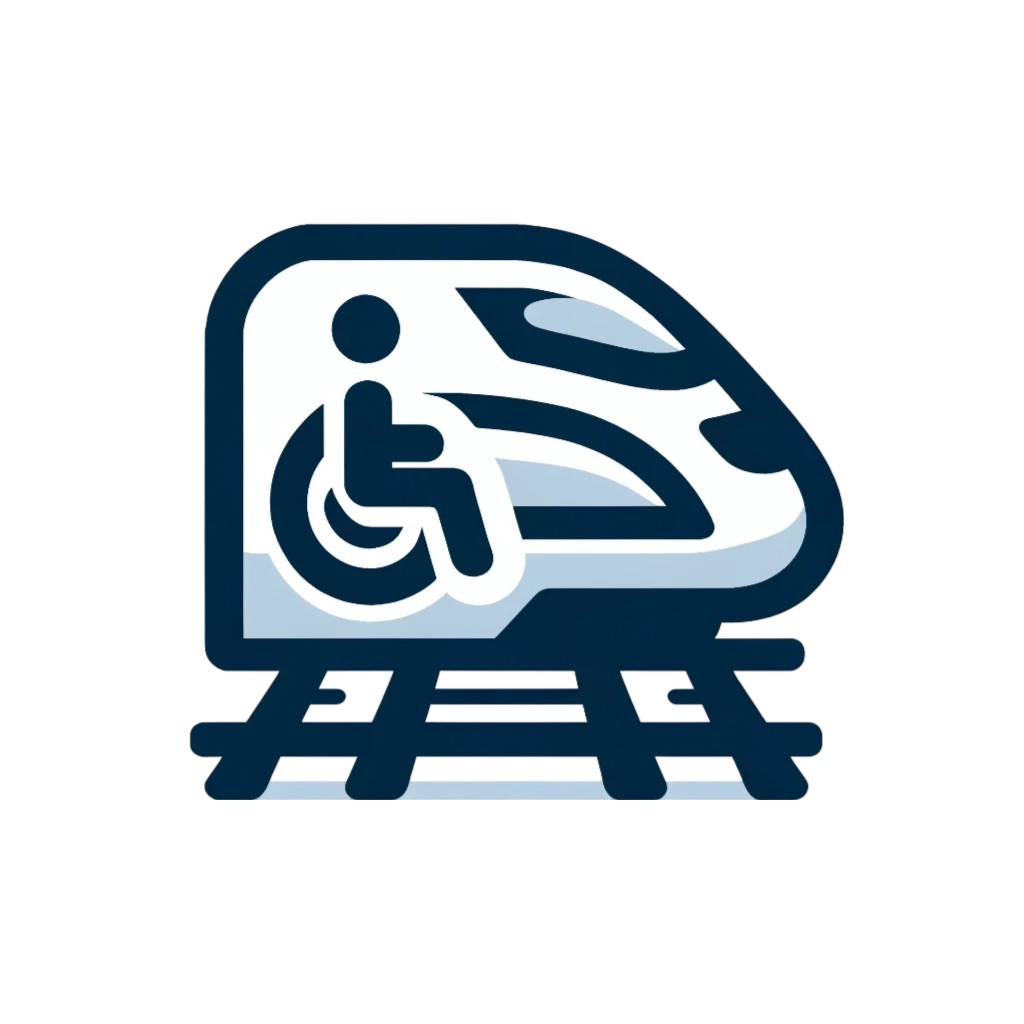 Icon of a high-speed train with a visible accessibility symbol, depicting a person in a wheelchair inside the train, emphasizing inclusivity and accessibility in public transportation.