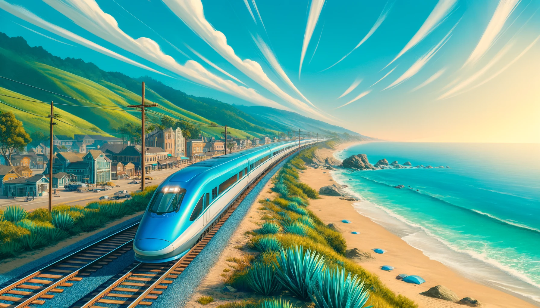 High-speed train traveling on a single rail track along the California coastline